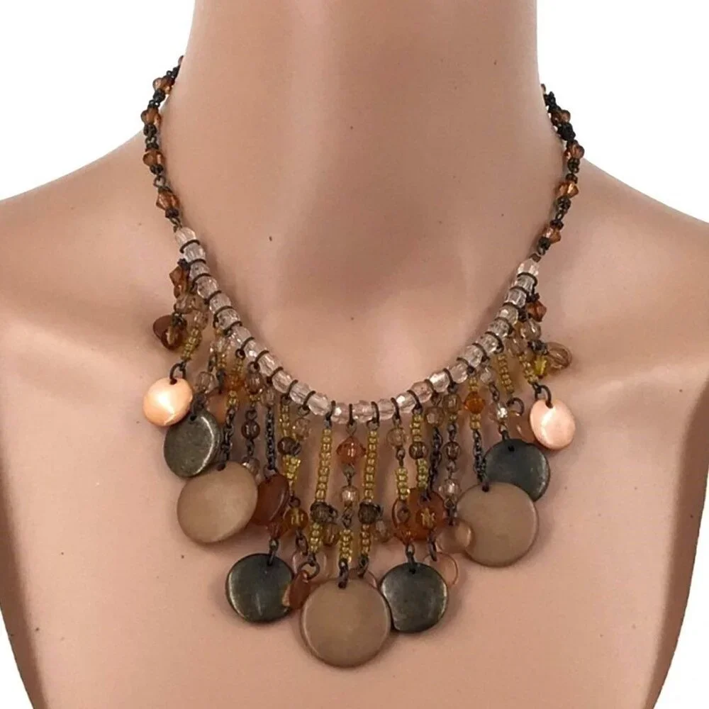Premier Designs Necklace Beaded Fringe Brown Pink Tones Adjustable Length